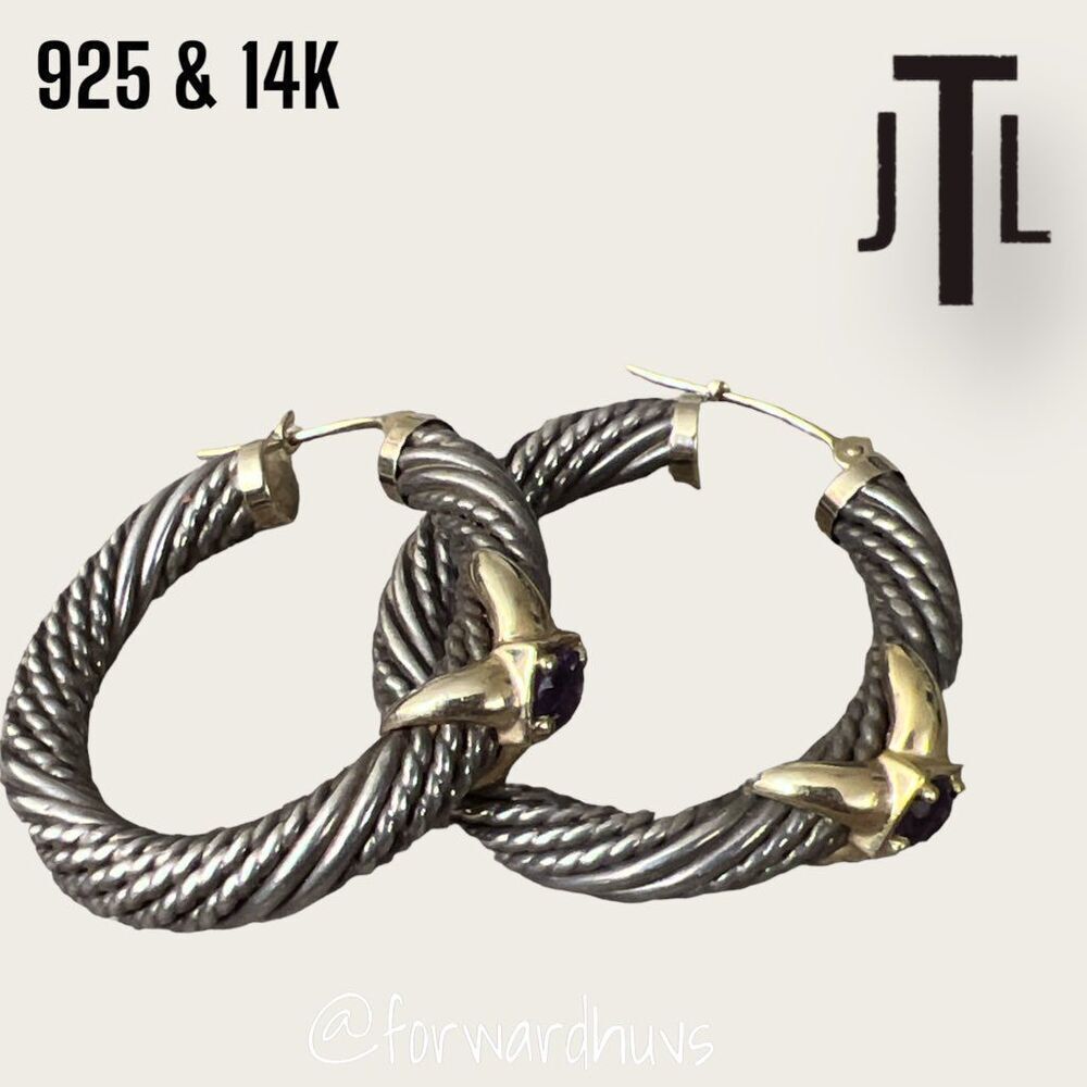 JTL Sterling Silver & 14K Gold Twisted Hoop Earrings – Amethyst Gemstone Accents